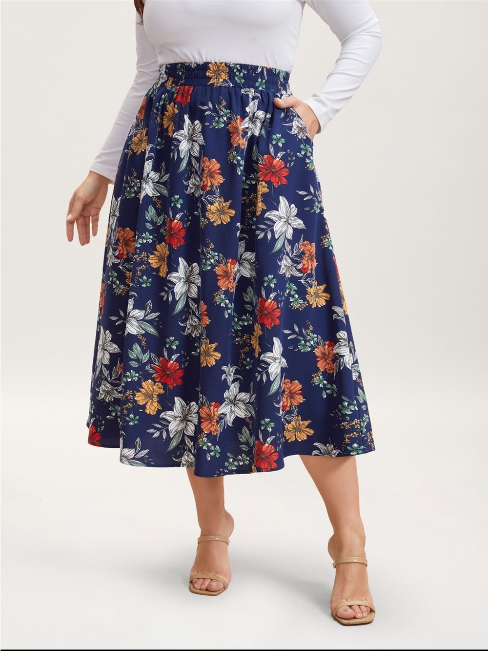 BloomChic Navy Floral Midi Skirt with Elastic Waist size 1X (14-16)